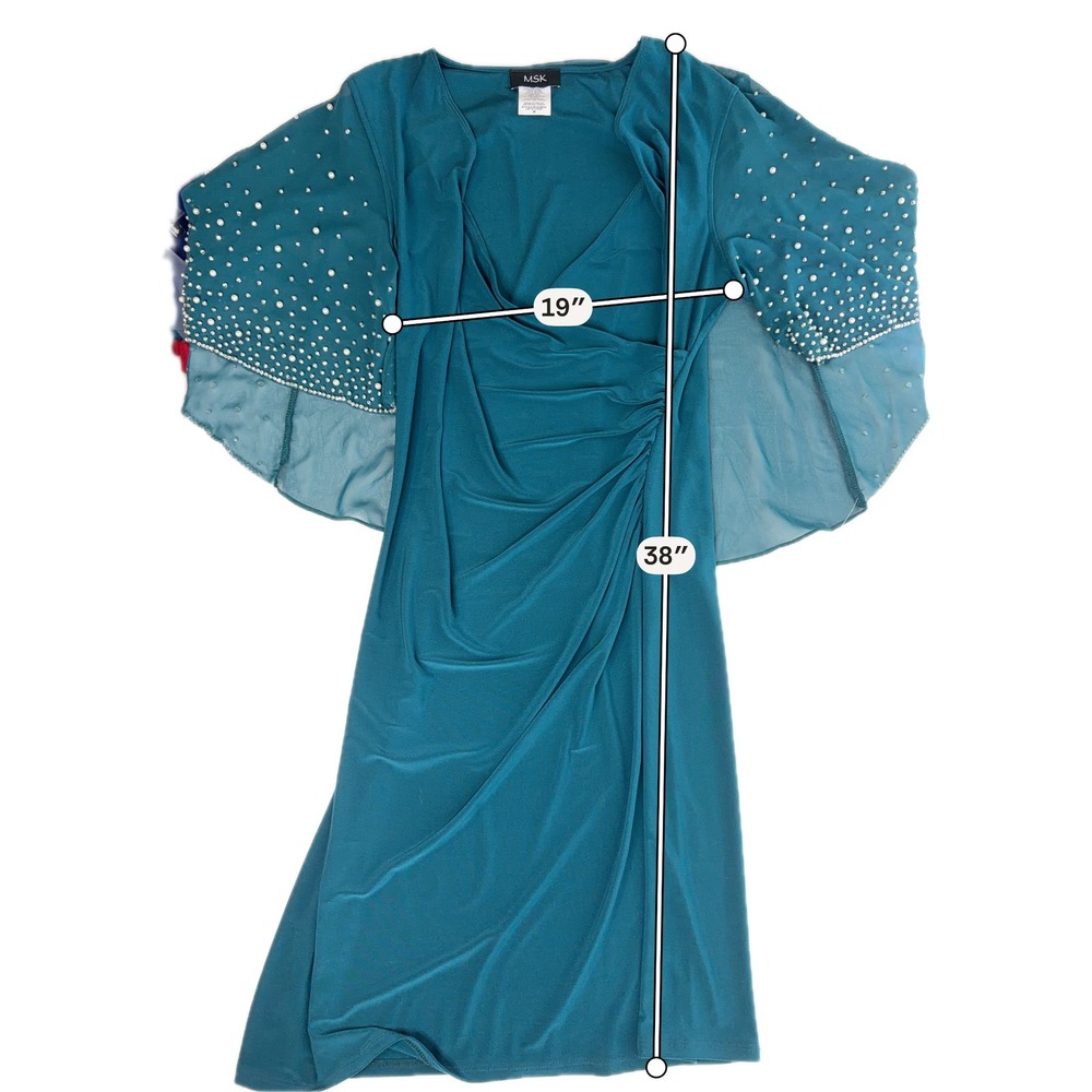 NWT MSK Neo Emerald Faux Wrap Cape Dress Embellished Pearl Sleeves Size Medium - Picture 9 of 9